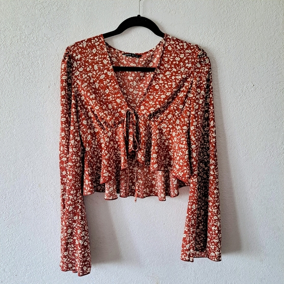 SHEIN Tops - SHEIN Rust Floral Blouse with Tie Front